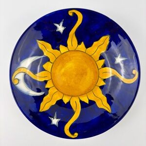 Ceramic Celestial Sun Moon Shallow 8.5 inch Dish/Plate Cobalt Blue Yellow Mexico